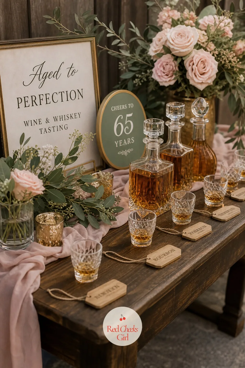 Aged to Perfection Wine and Whiskey Tasting Table — Sixty five years deserves a drink that has had just as long to get interesting. 65th birthday ideas