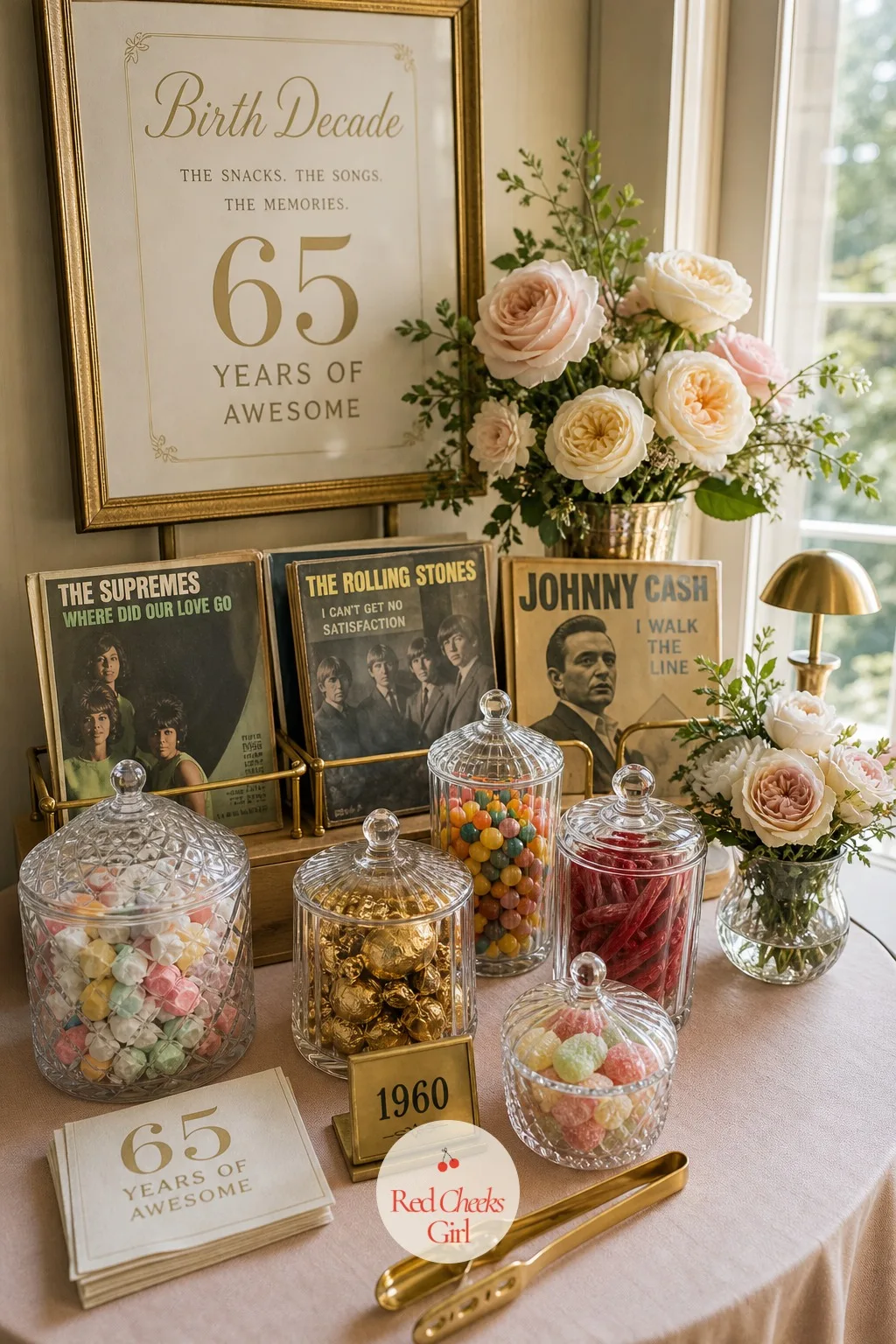Birth Decade Decor Table with Era Snacks — This is the table people actually stand at the longest, because everyone has an opinion about the year printed on