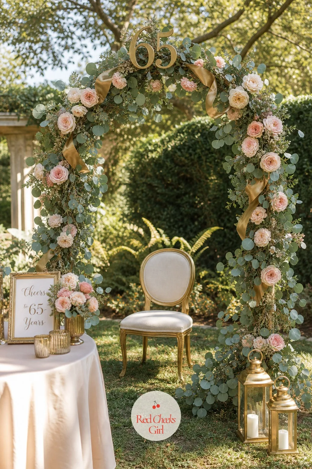 Garden Gold Floral Arch — Every good party needs one thing worth photographing from across the garden, and this is it. 65th birthday ideas