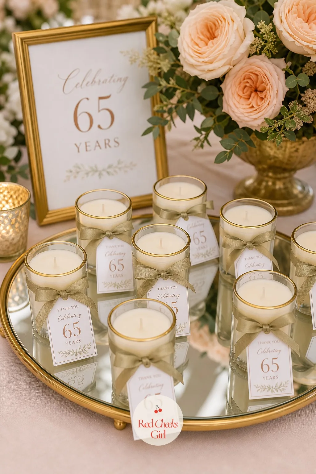 Gold Rimmed Garden Candle Favors — A favour that still gets used months later is the only kind worth the shelf space it takes up at the party. 65th birthday