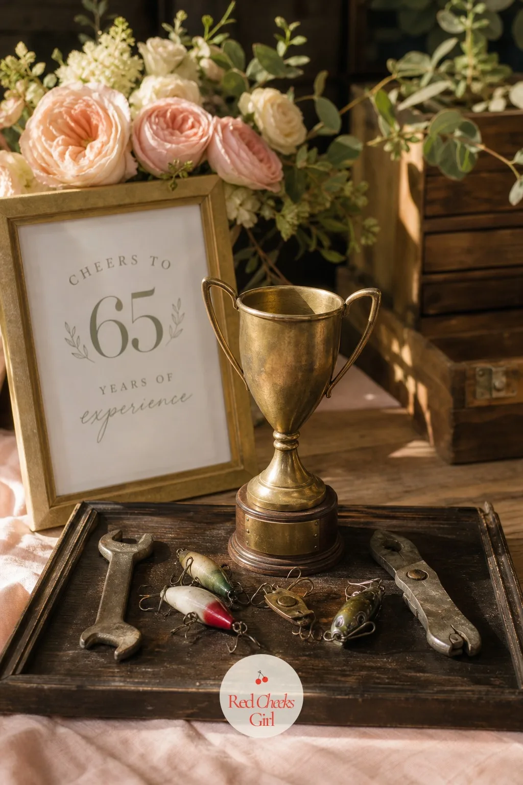 His Workbench Trophy Display — He has spent decades collecting the small objects that tell his actual story, and most of them live in a drawer nobody ever