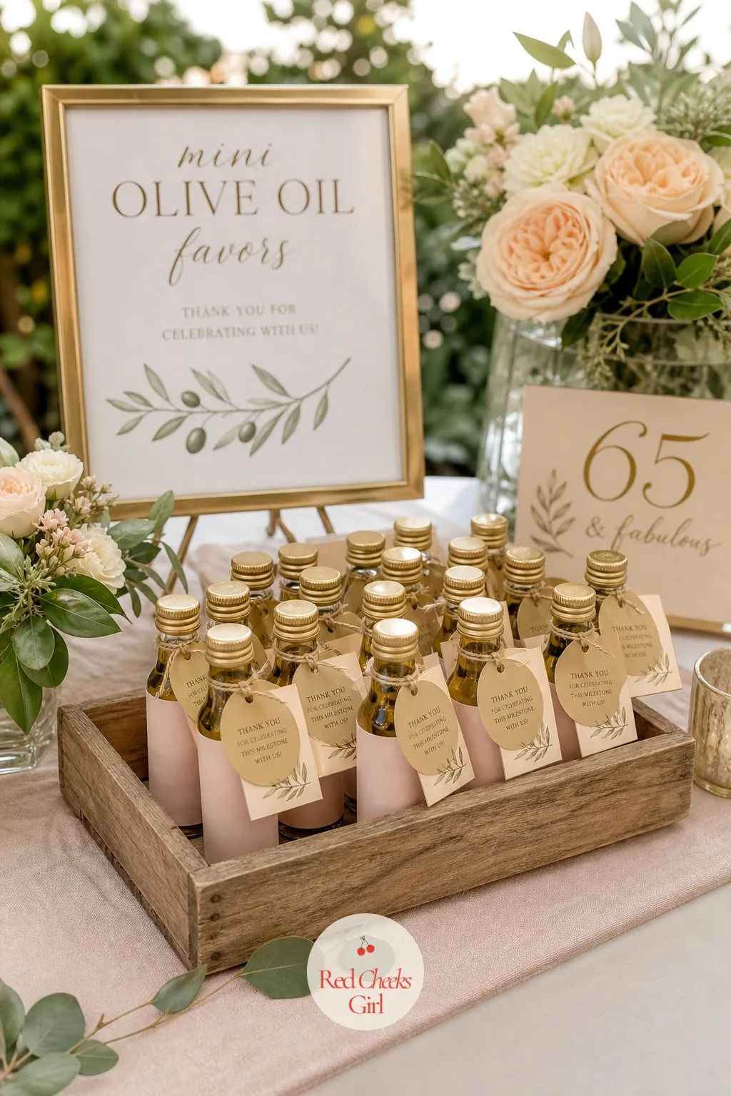 Mini Olive Oil Favor Table — A good bottle of olive oil beats a trinket that sits in a drawer, and it gives this particular decade a little old world weight