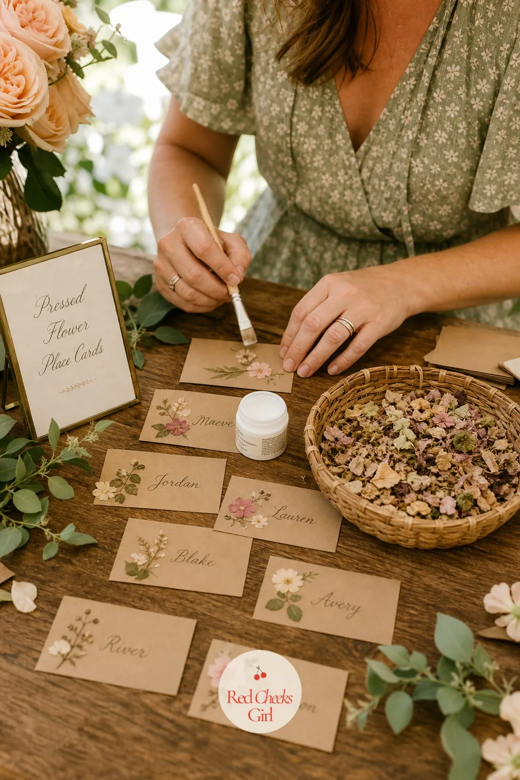 Pressed Flower Place Card Station — If she is the one who has always pressed flowers between the pages of a heavy book, build her place cards out of the same