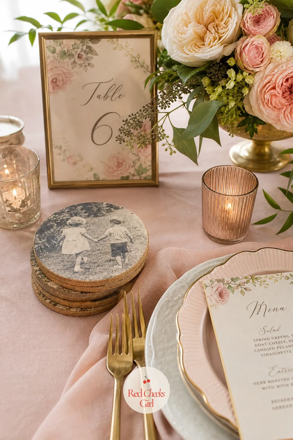 Vintage Photo Coasters at Each Place Setting — The smallest touch on this whole list sits right under the glass, and it is the one guests actually pick up and