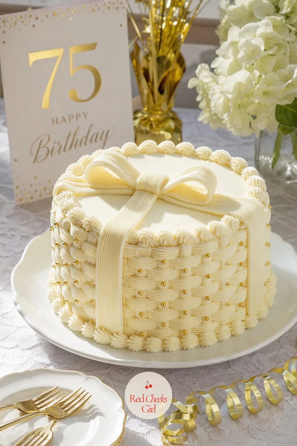Basketweave Lattice Piped Cake With Gold Dragees — A plain round cake can look a little bare for an occasion this size, and a basketweave finish fixes that