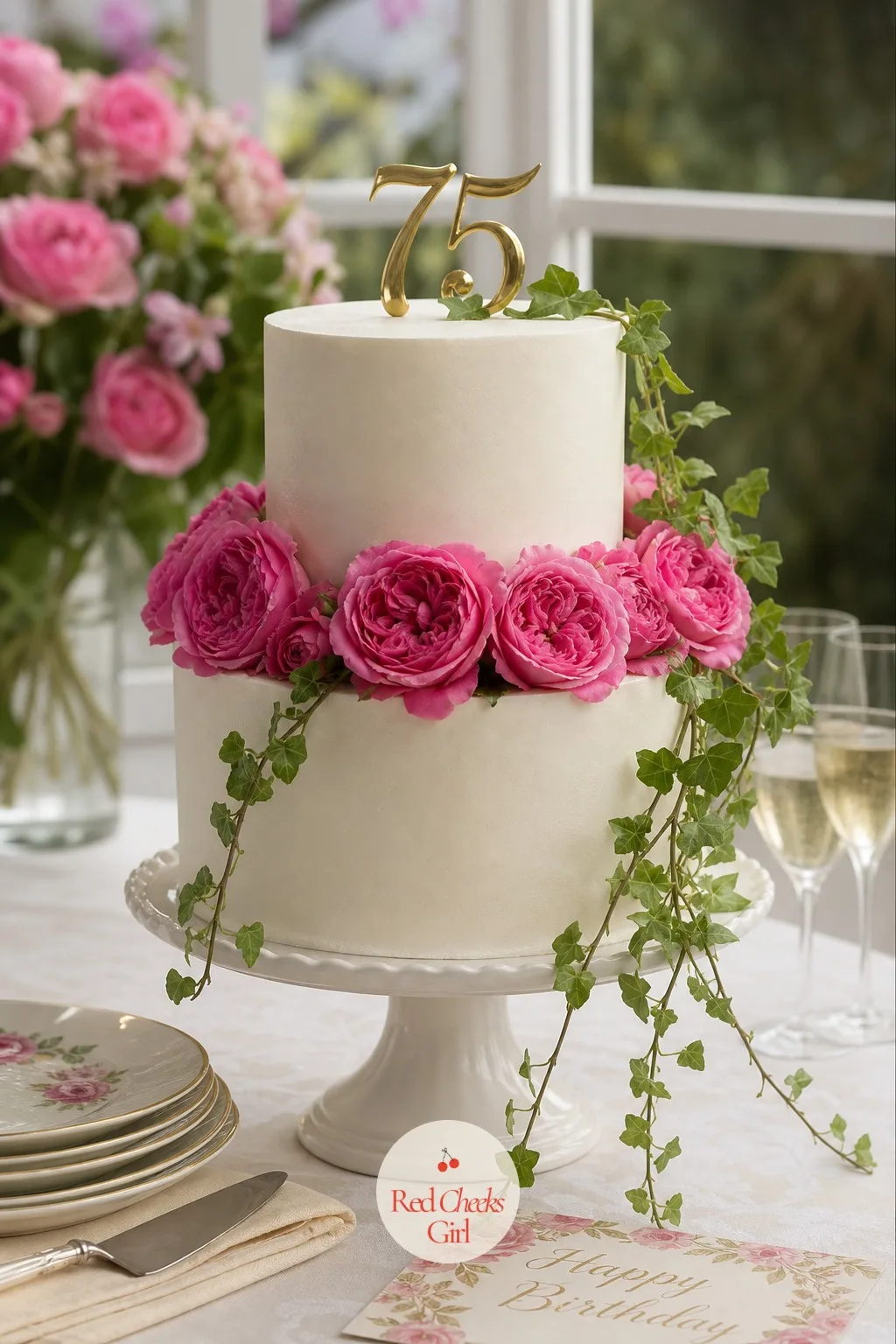 Cake Ringed With Fresh Garden Roses and Trailing Ivy — A cake can borrow its whole look from a garden without a single piped flower anywhere on it. 75th