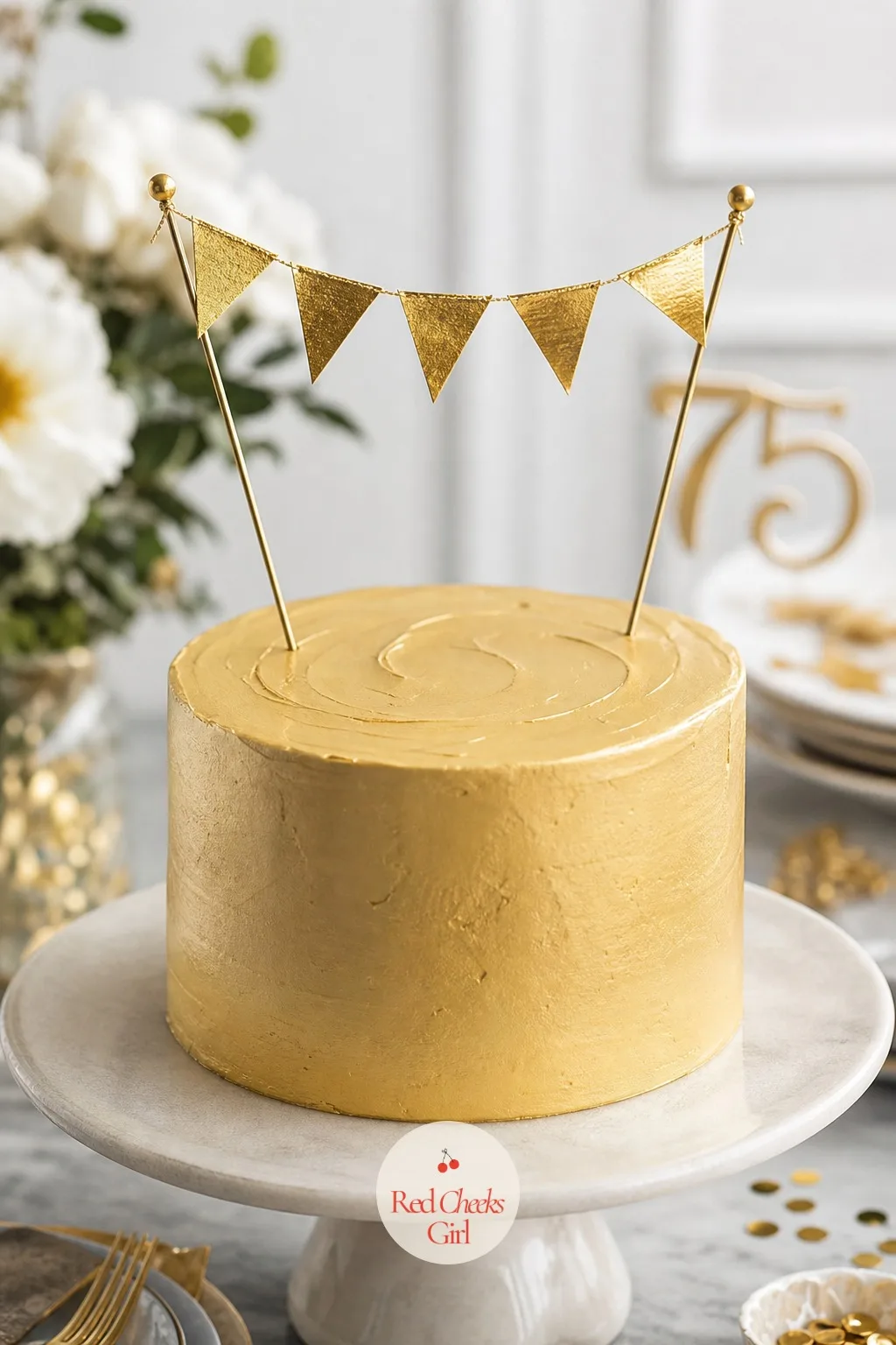 Cake Topped With a Little Gold Banner — A plain iced cake can feel slightly unfinished right up until something small goes on top, and a slim gold banner does