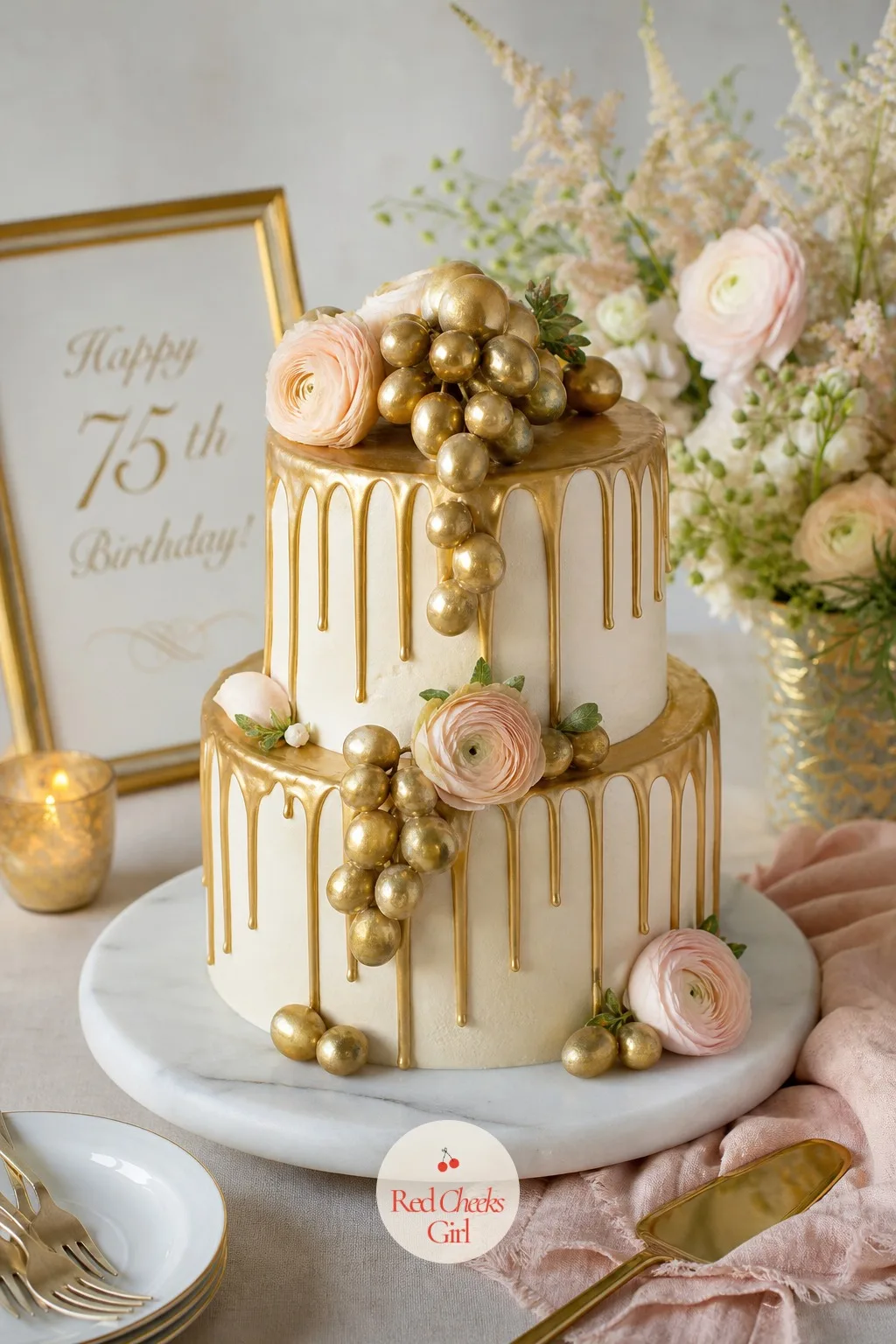 Champagne Drip Cake With Gold-Dipped Grapes — A drip cake sounds like a younger party's trick until it is iced in champagne and ivory instead of neon, and then