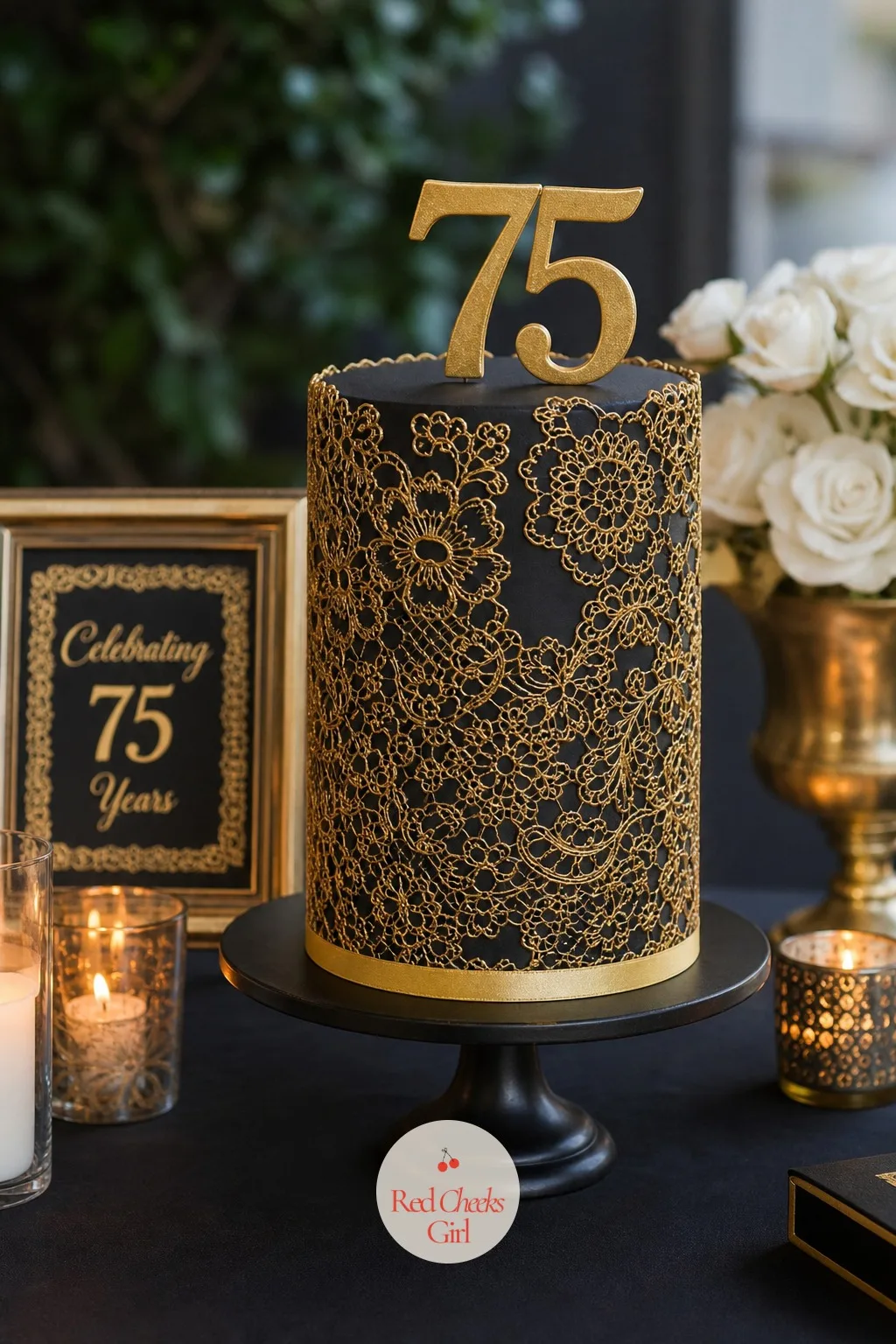 Gold and Black Lace Cake — Not every seventy fifth wants pastel. 75th birthday cake