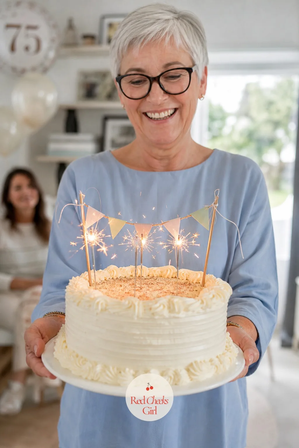 Old-Fashioned Cake With Sparklers and Small Bunting — Seventy five candles on one cake is neither practical nor, frankly, safe over buttercream, and sparklers