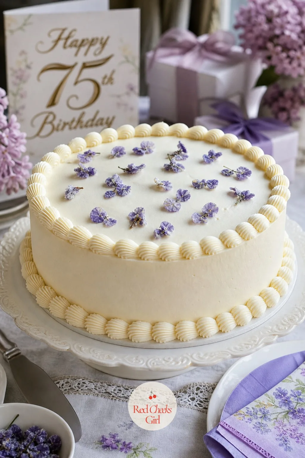 Shell-Bordered Cream Cake With Crystallised Violets — A cake does not need to be covered edge to edge to look finished, and a cream cake with neat shell
