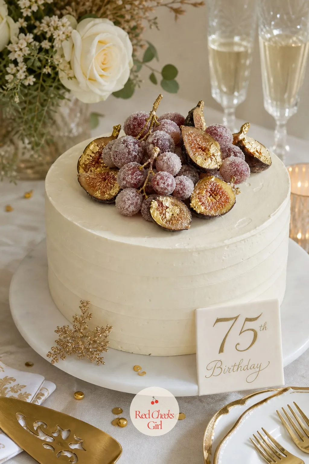 Sugared Grapes and Gold-Leafed Figs — Fresh flowers are not the only way to dress a cake in something that grew. 75th birthday cake