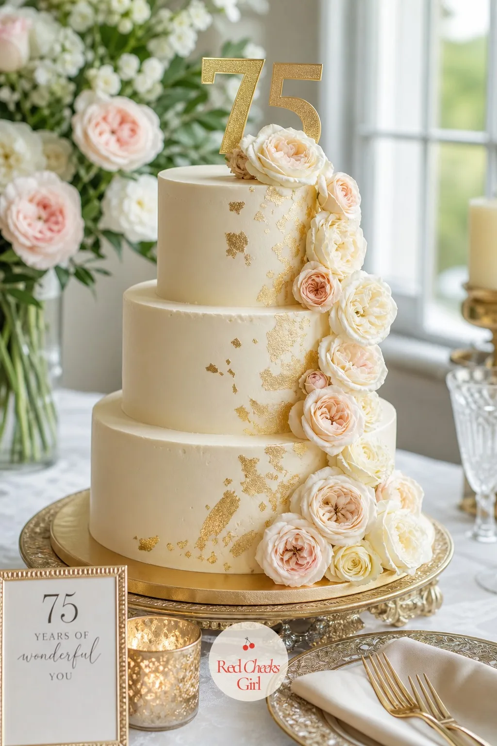 Three-Tier Ivory Cake With Gold Leaf and Sugar Roses — For a cake that needs to carry a whole room on its own, three stacked tiers in soft ivory buttercream do