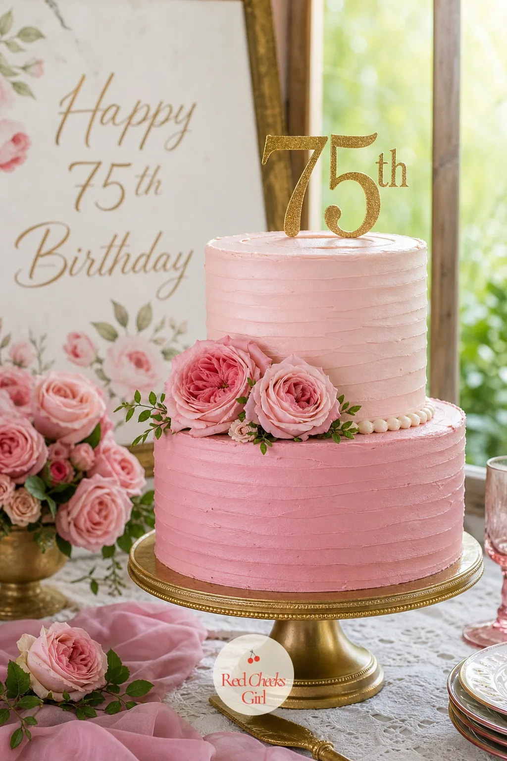 Two-Tier Pink Cake — A single round cake can feel like an afterthought at a milestone this big, and that is exactly the objection a two tier cake answers. 75th