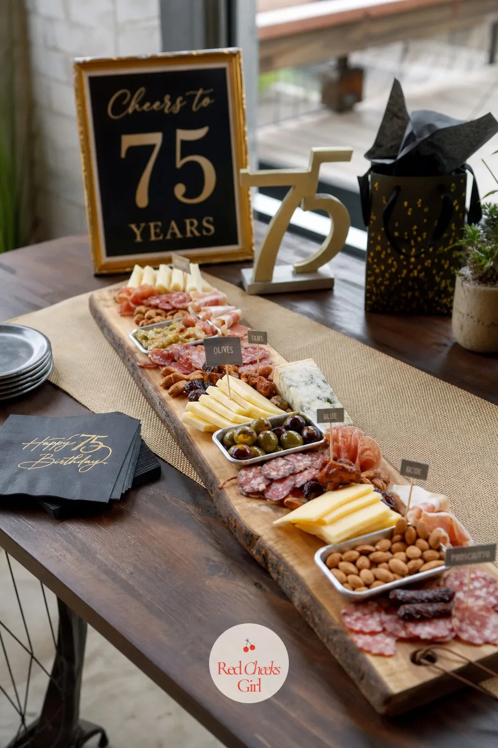 Cheese and Charcuterie Board on a Wood Plank with Tin Trays — An empty hour before the main meal is when people start asking when dinner is. 75th birthday