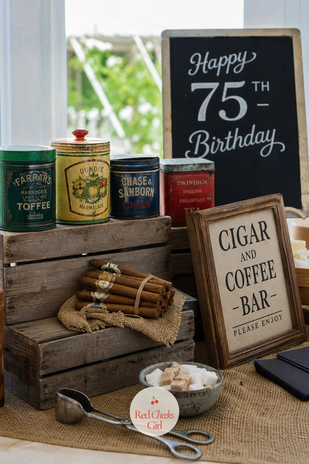 Cigar and Coffee Bar in an Old Tin Canister Stand — After the cake, people want something slower, not another plate of food. 75th birthday ideas for dad