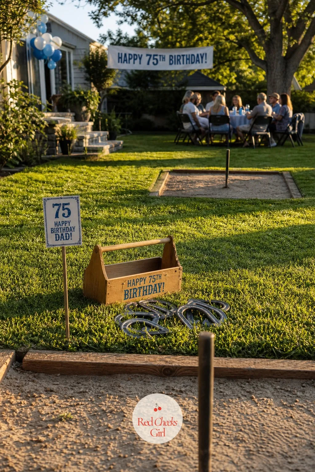 Horseshoe Toss on a Wood Stake Court — Some dads will not sit still for a photo but will happily spend an hour trying to beat his grandson at horseshoes. 75th