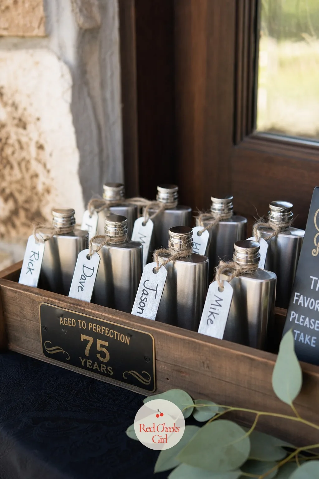 Mini Bourbon Flask Favors with Tin Name Tags — Guests rarely keep the little bag of candy from the favor table, but a small metal flask with his name on it