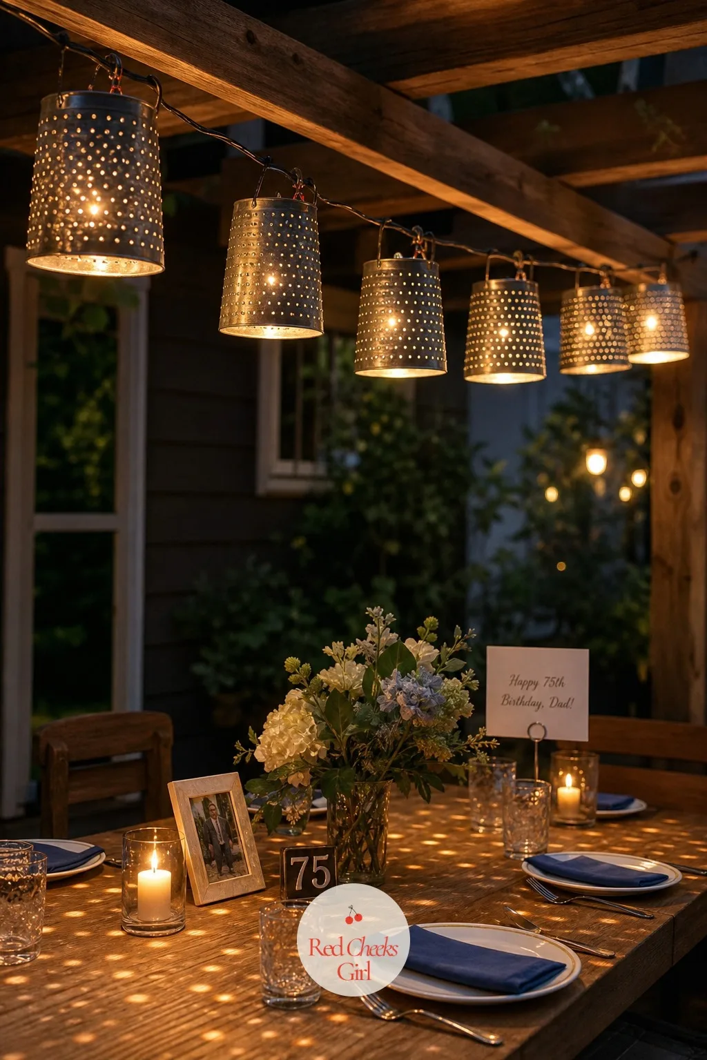 Tin Lanterns Strung Over Warm Wood Beams — A backyard that looks perfect at 4pm can go flat and dark by 7, which is exactly when the toasts start. 75th