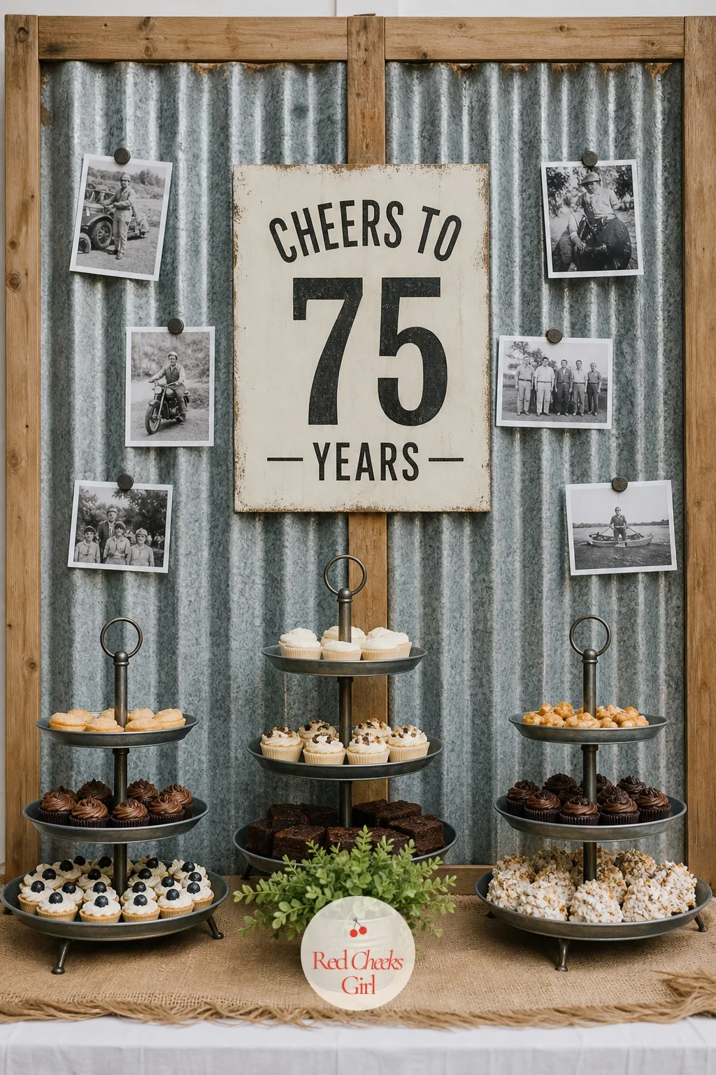 Tin Panel Backdrop with Metal Dessert Stands — A blank wall behind the cake table reads like nobody planned for photographs, and at 75 somebody should have