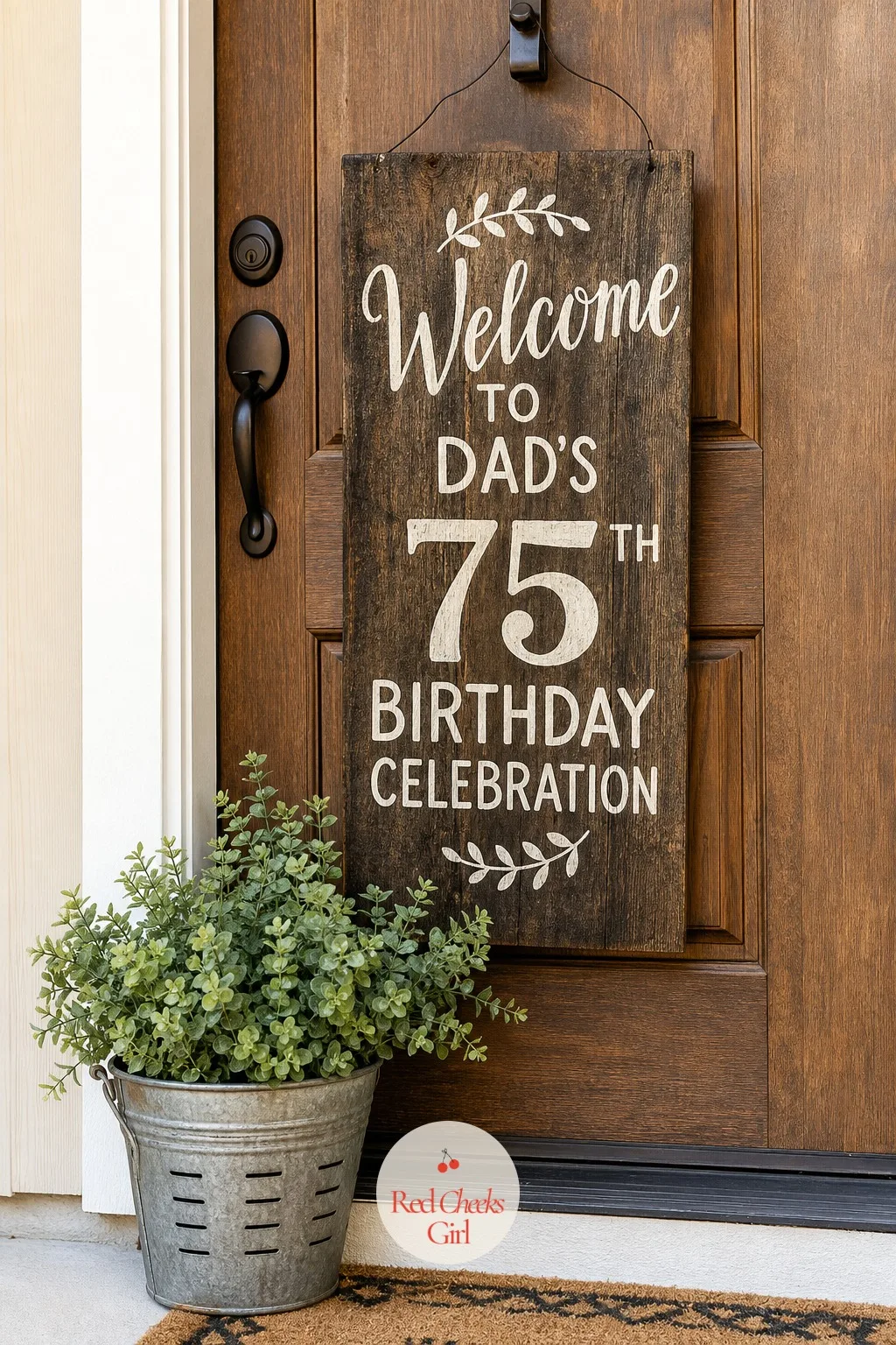 Warm Wood Welcome Sign at the Door — The first thing anyone sees shouldn't be a rental company's generic banner taped to the door. 75th birthday ideas for dad