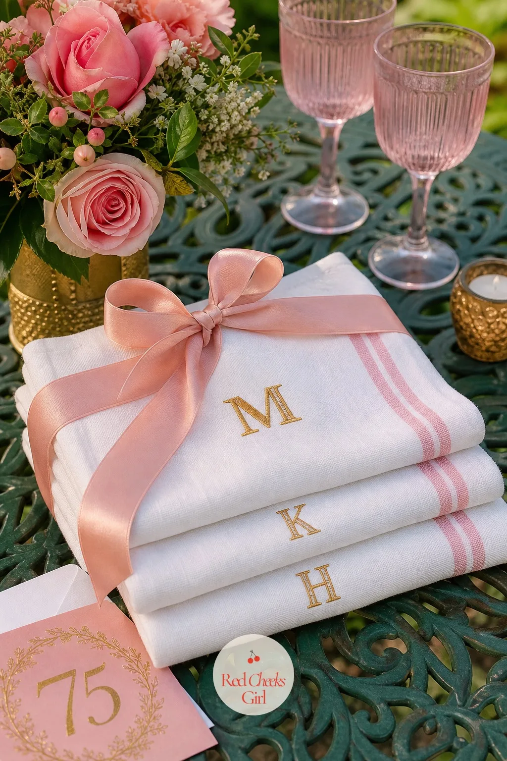 Embroidered Monogram Tea Towels — A favor earns its place in a kitchen drawer if it is something she will actually reach for, not something stored in a box in