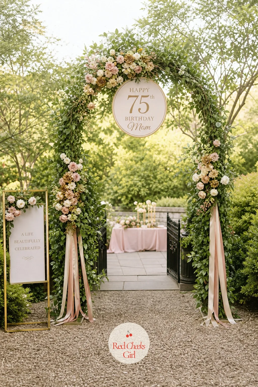 A Floral Arch At The Entrance — The party starts the moment she walks through it, so this is worth getting right before anything else goes up. 75th birthday