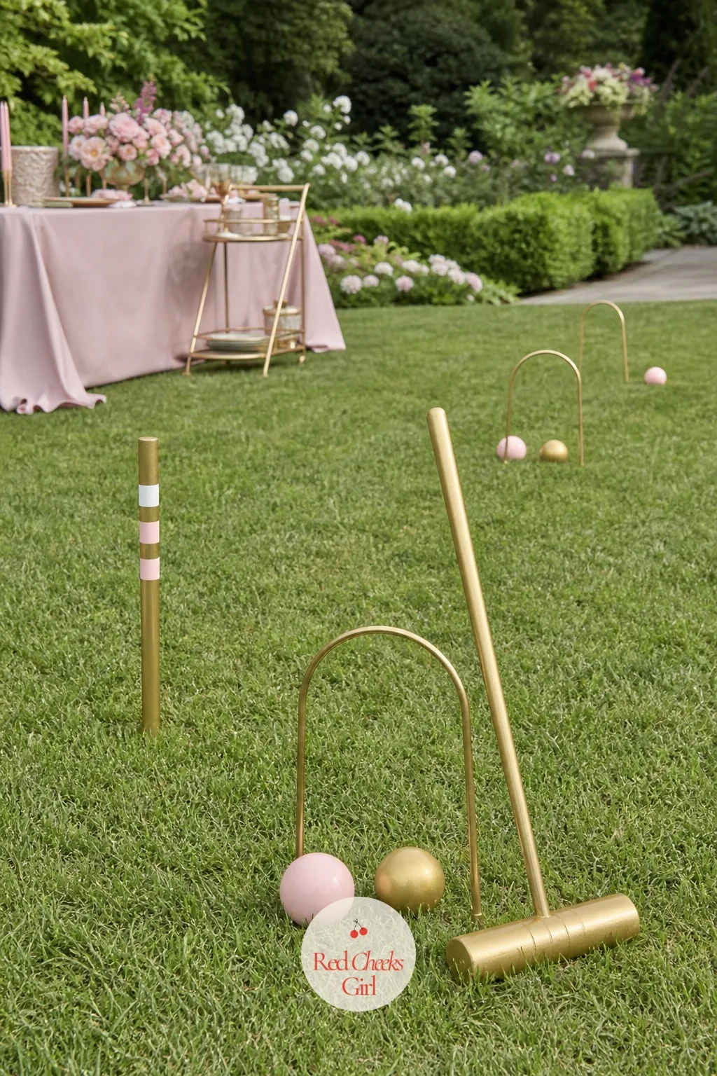 Gold Painted Croquet — Nobody expects to see croquet at a birthday party, which is precisely why it gets a crowd standing around watching before anyone has