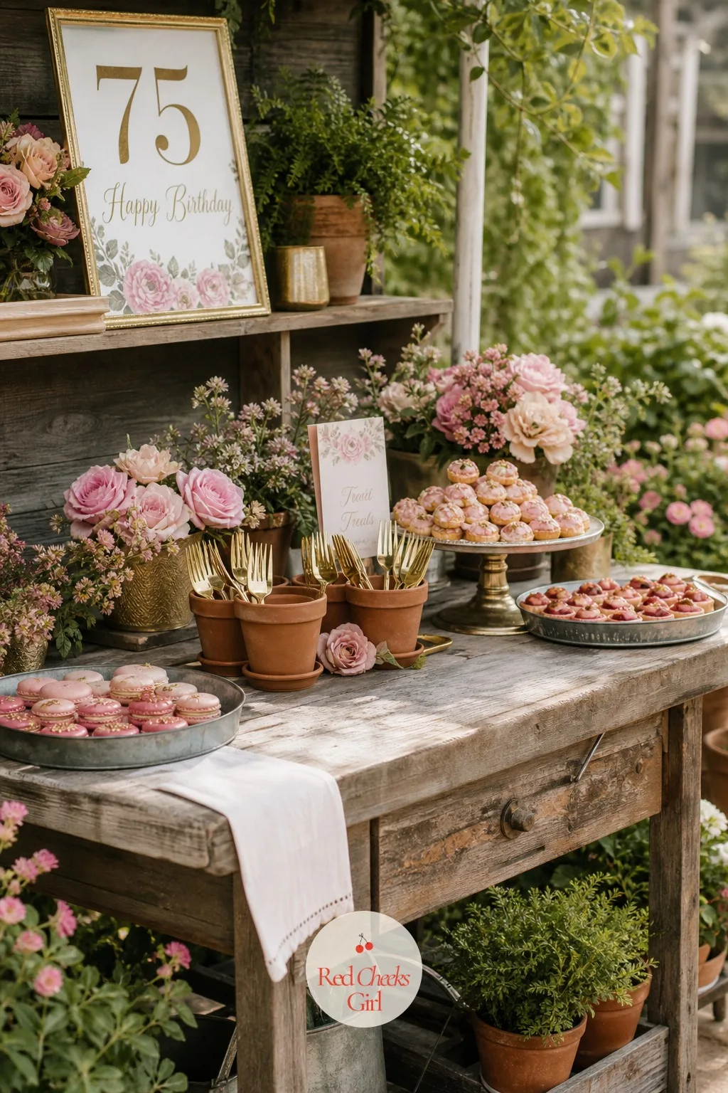 A Potting Bench Dessert Table — She gardens, or she used to, or she simply likes the look of a bench covered in good things to eat: either way this one earns