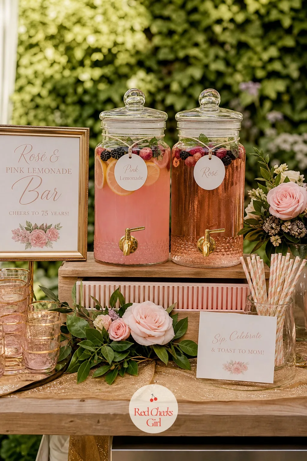 A Rosé And Pink Lemonade Garden Bar — Somebody always wants a drink in hand before they have found a seat, so give them one on the way past. 75th birthday