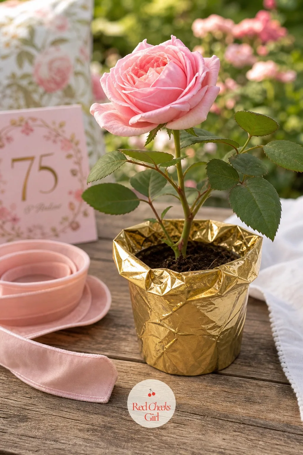 A Rose Cutting In A Gold Foil Pot — Cut flowers fade within the week, but a cutting that roots keeps growing long after the party does. 75th birthday ideas for