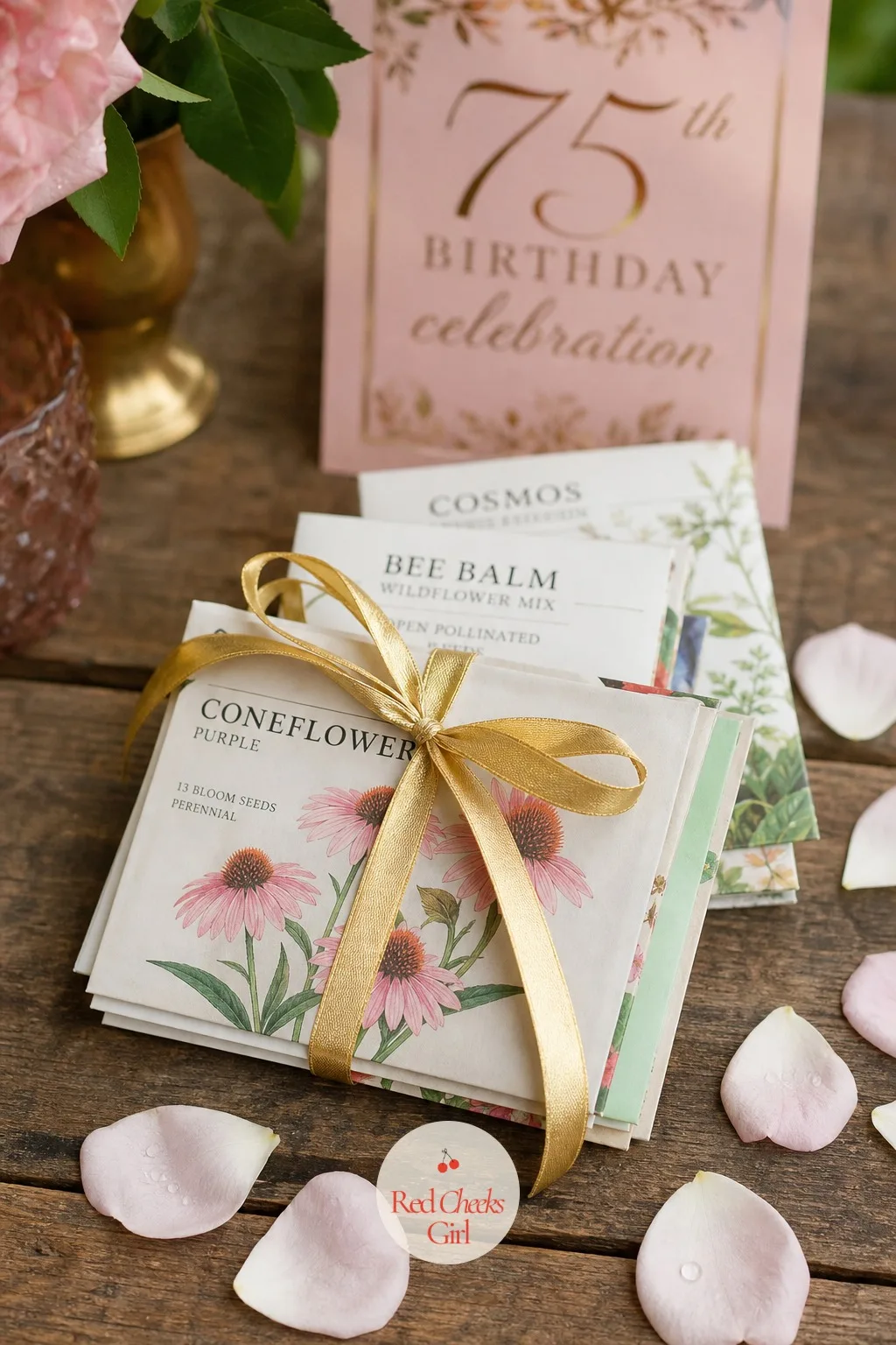 Seed Packets Tied With Gold Ribbon — A favor that grows into something outlasts one that sits in a drawer. 75th birthday ideas for mom