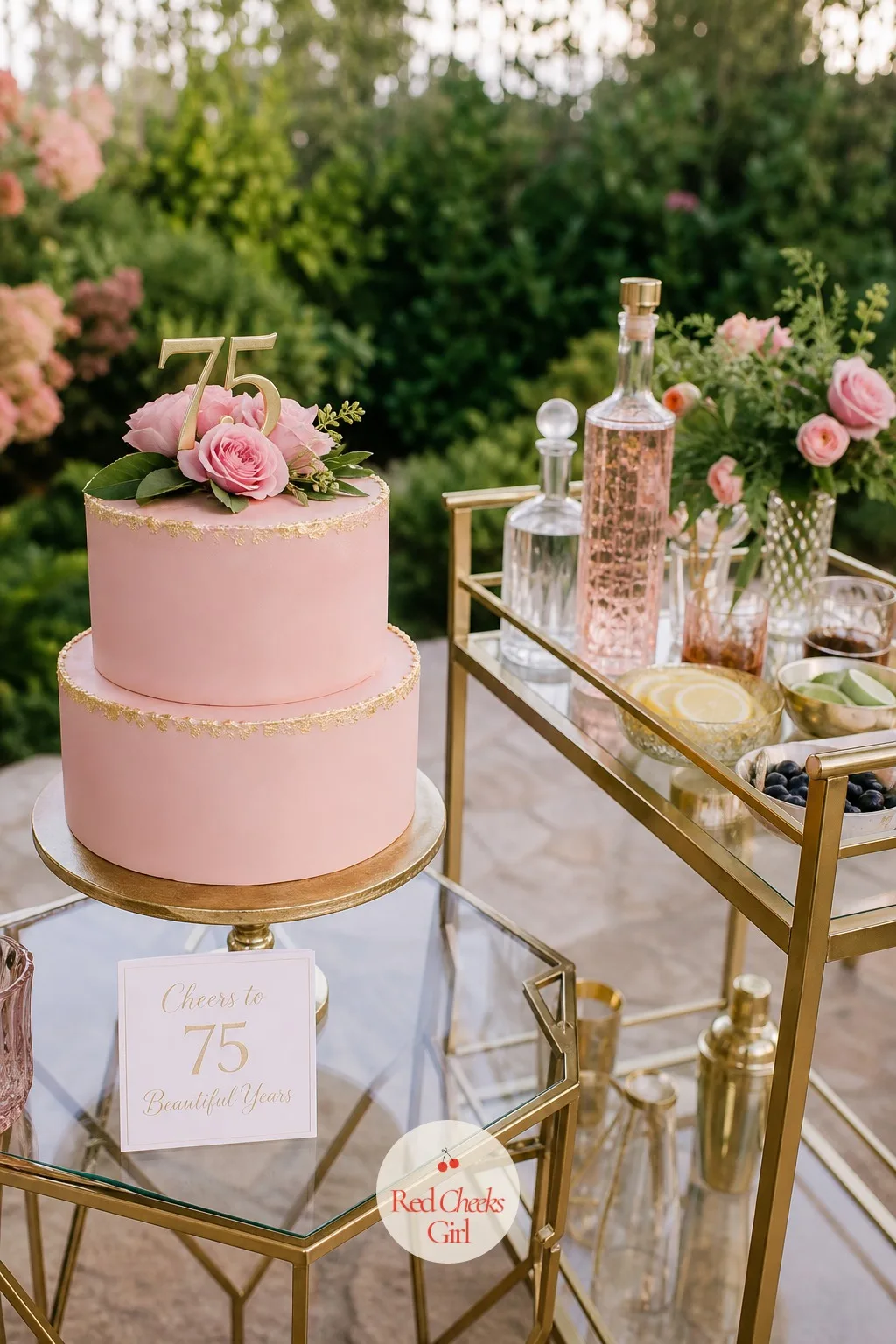 A Two Tier Cake Beside A Gold Drink Cart — This is the pairing guests circle back to for a second look, and a second slice. 75th birthday ideas for mom
