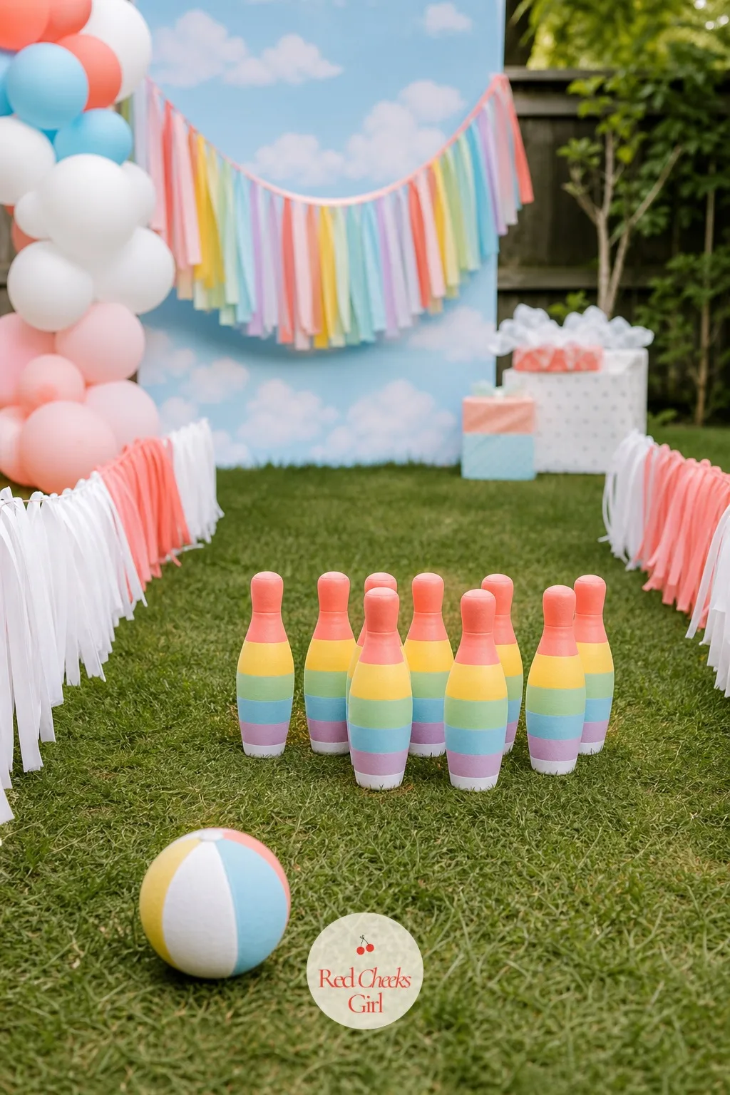 A Backyard Rainbow Bowling Lane — A carpet runner or stretch of mown grass forms the lane, with ten empty plastic bottles weighted with a little sand and