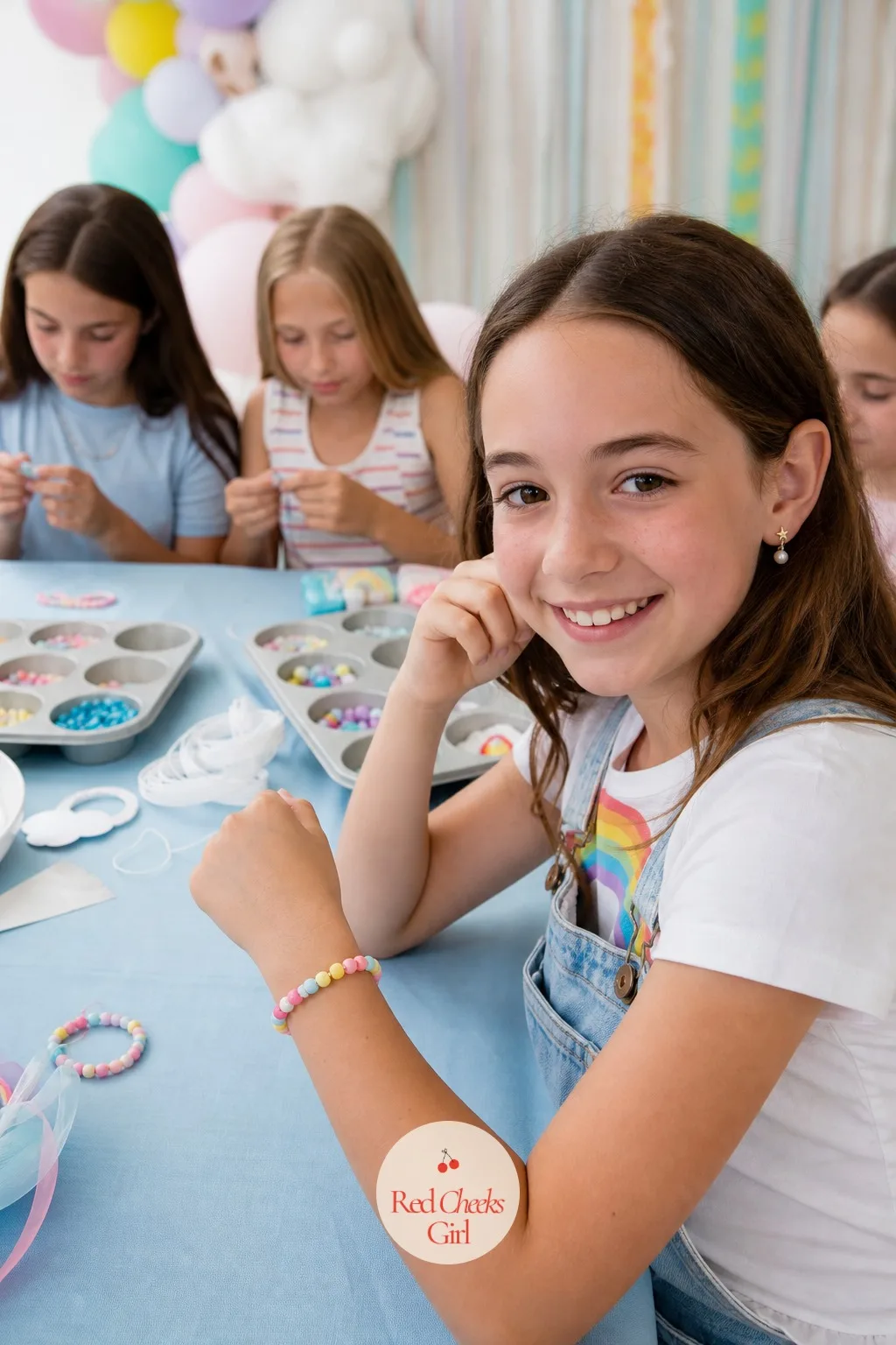 A Bracelet Making Table — A table runner goes down first, then muffin tins or small trays sorted by color hold the beads: rainbow shades plus plenty of sky