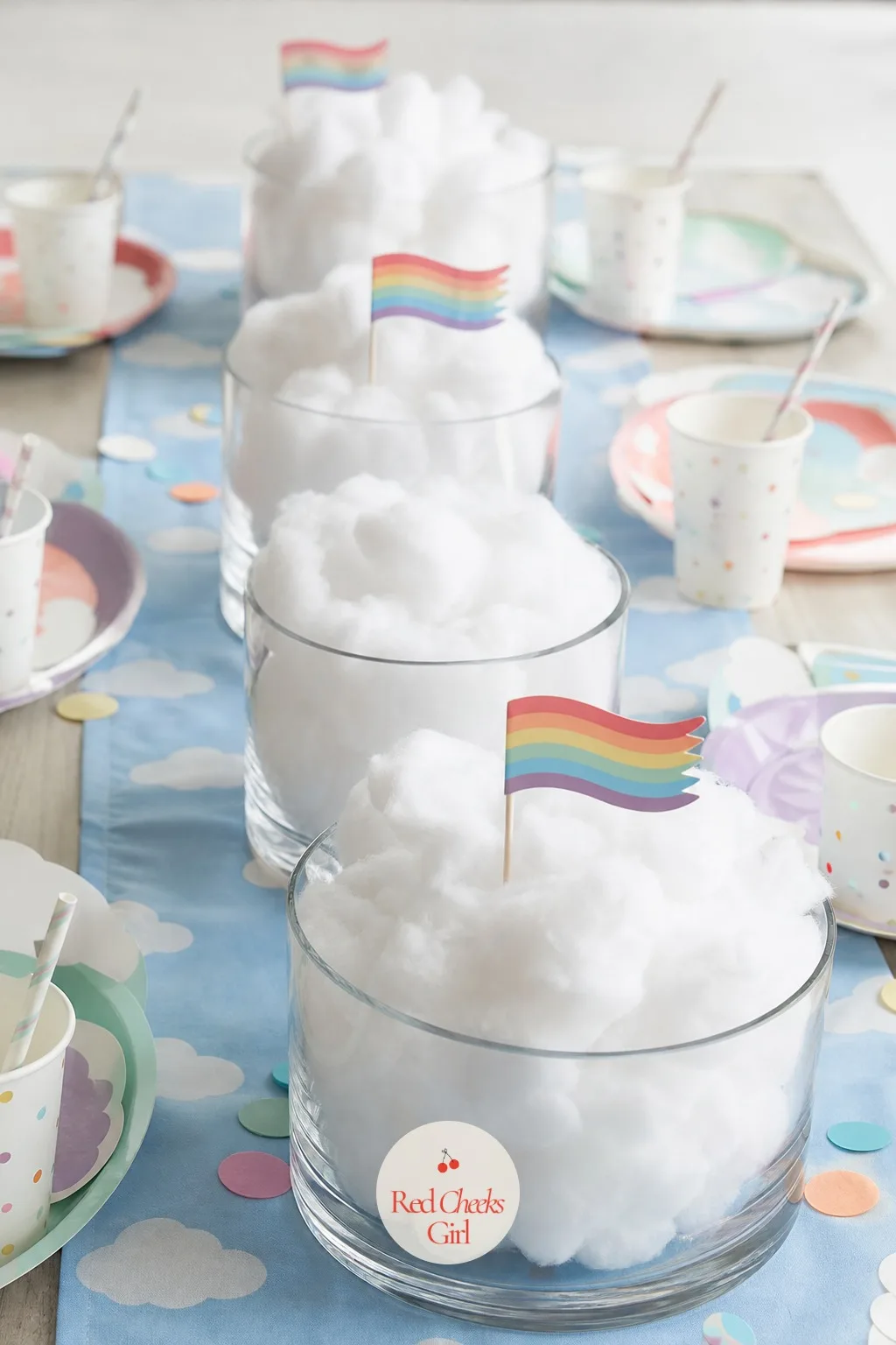 Cotton Cloud Centerpieces — Clear glass bowls or jars act as the base, packed loosely with cotton batting pulled into a cloud shape so it puffs well over the