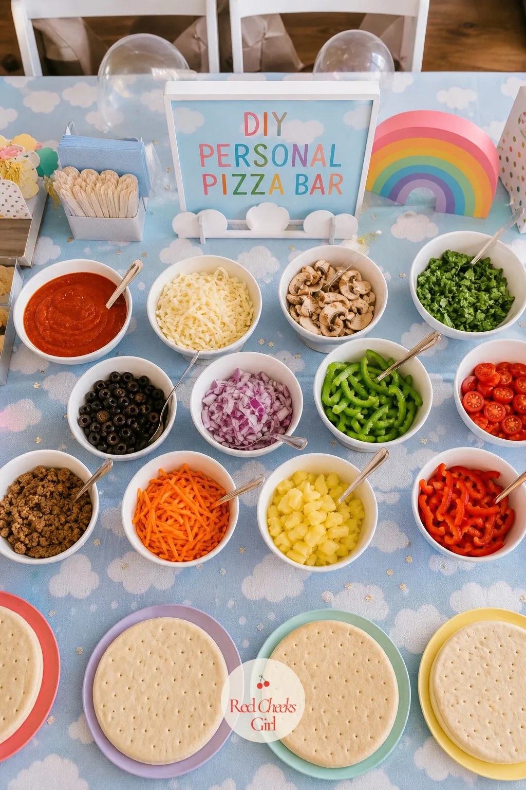 A DIY Personal Pizza Bar — Par baked mini crusts lay out first, with small bowls of sauce, shredded cheese and toppings arranged around them, rainbow colored