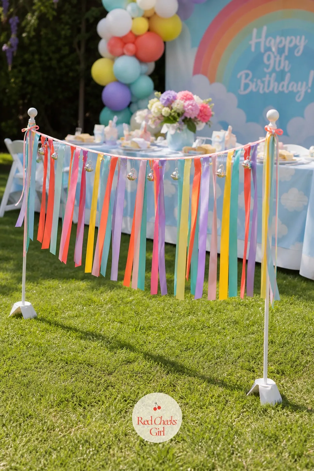 A Ribbon Streamer Limbo — Two poles or garden stakes hold a bar made from a thick bundle of knotted rainbow ribbon rather than a stick, strung at shoulder