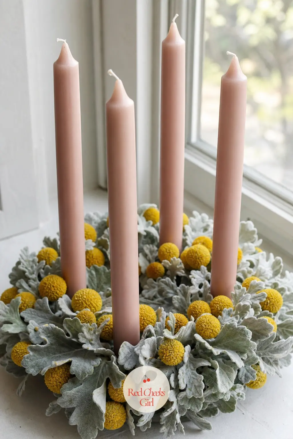 Clay Pink Candles on a Craspedia and Dusty Miller Ring — Craspedia, those round mustard yellow bobbles florists call billy balls, looks unexpectedly grown-up