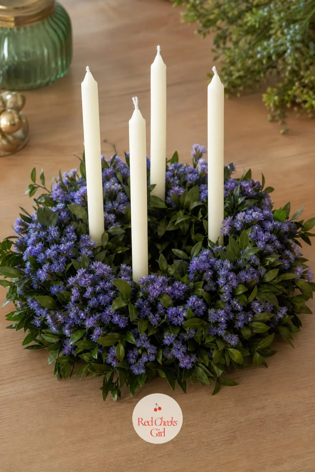 A Desk-Size Four-Candle Ring in Preserved Ruscus and Dried Statice — Preserved ruscus keeps its deep green color for months without any care, and small