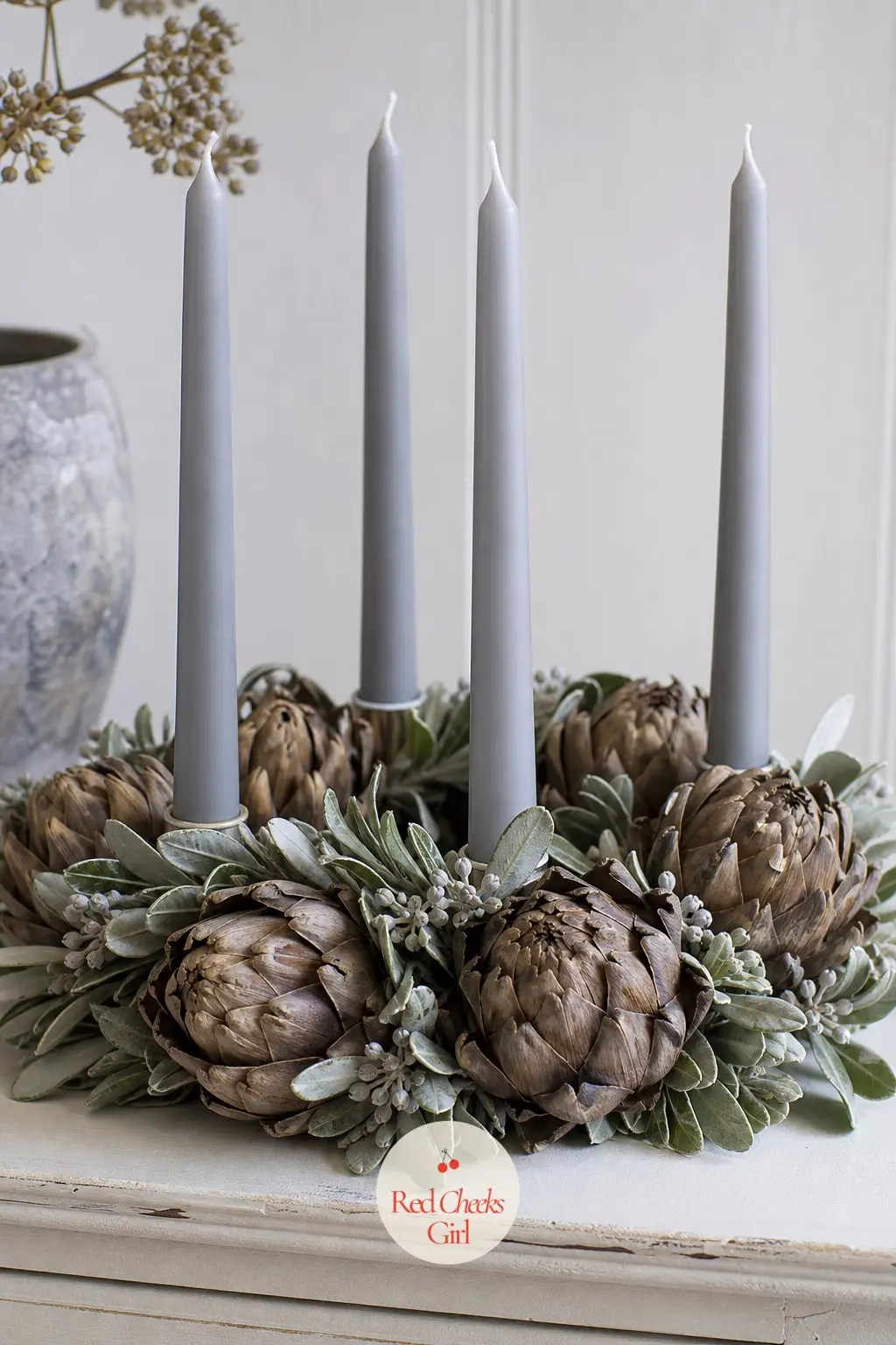 Dove Grey Candles on a Dried Artichoke and Pittosporum Ring — Whole dried artichokes are genuinely sculptural, brown and papery and strange in the best way