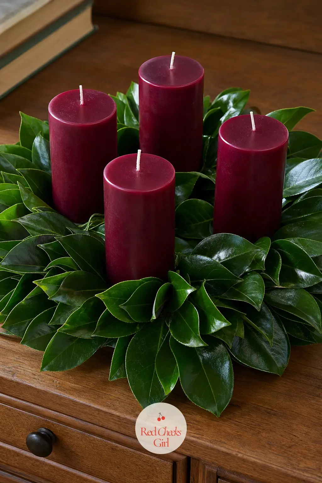 Four Deep Burgundy Pillars Set Into a Glossy Camellia Leaf Ring — Camellia leaf is thick, glossy and dark enough that four burgundy pillar candles look almost