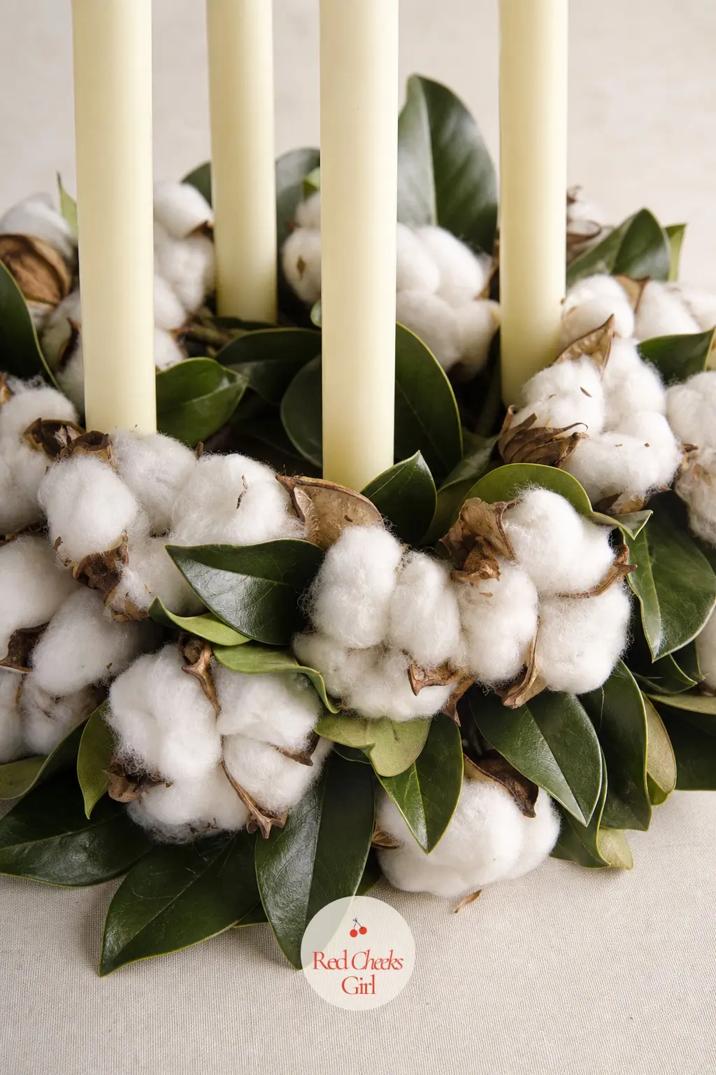 Raw Cotton Boll and Preserved Lemon Leaf Ring for Pale Candles — Raw cotton bolls, soft and slightly irregular, sit against dark glossy lemon leaf for a ring