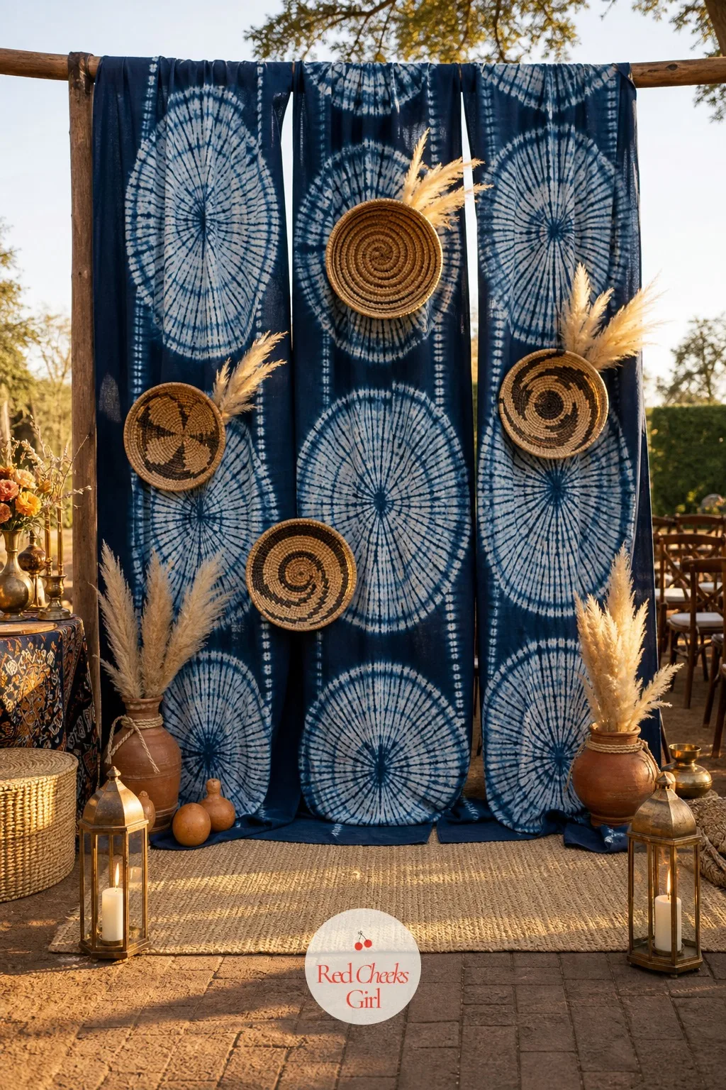 Adire Indigo Backdrop Woven With Baskets — Behind where you stand to say your vows, three wide panels of indigo adire hang floor to floor, their resist-dyed