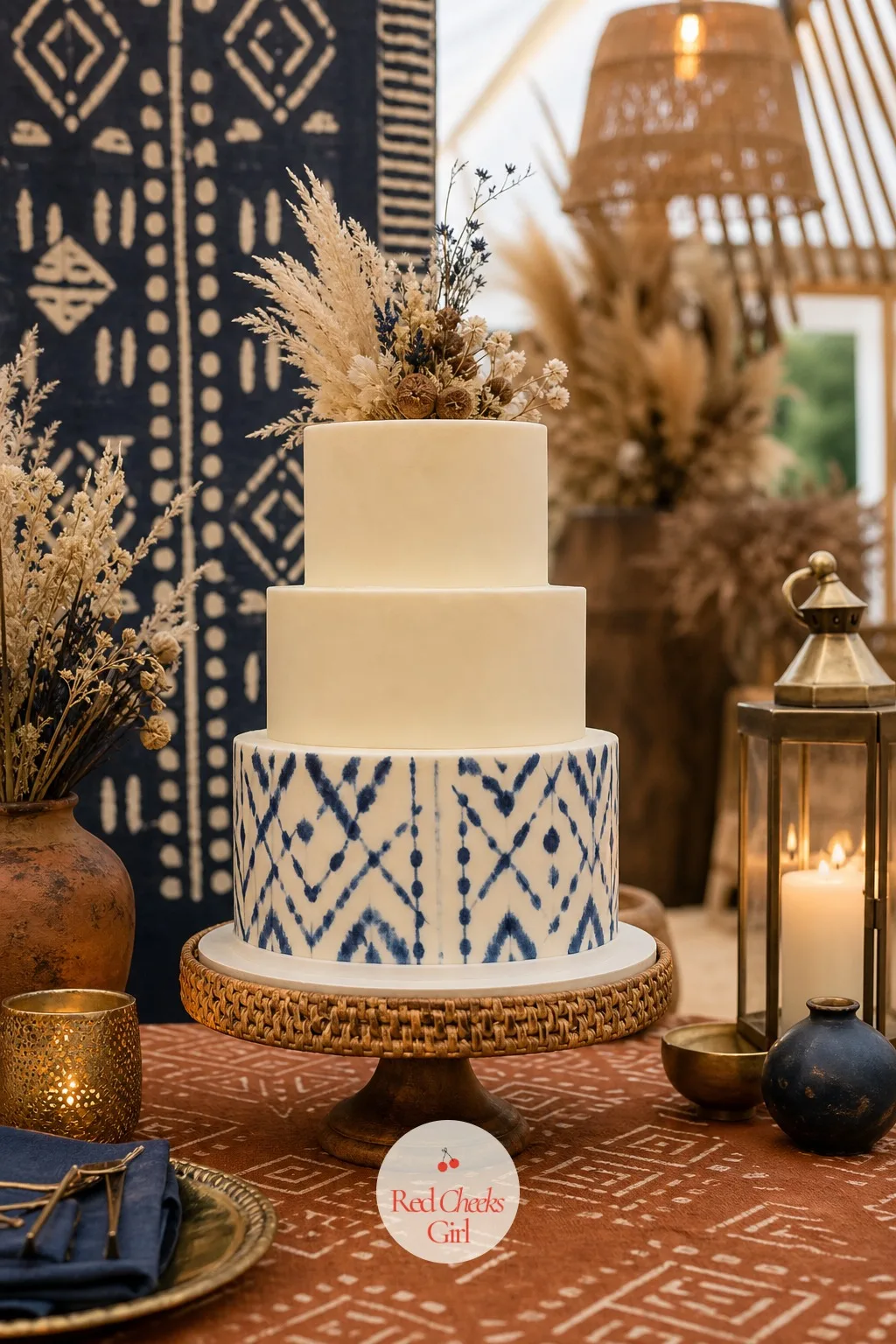 Adire-Inspired Hand-Painted Wedding Cake — The cake carries the pattern without a single scrap of real fabric on it: three ivory tiers, the lower one