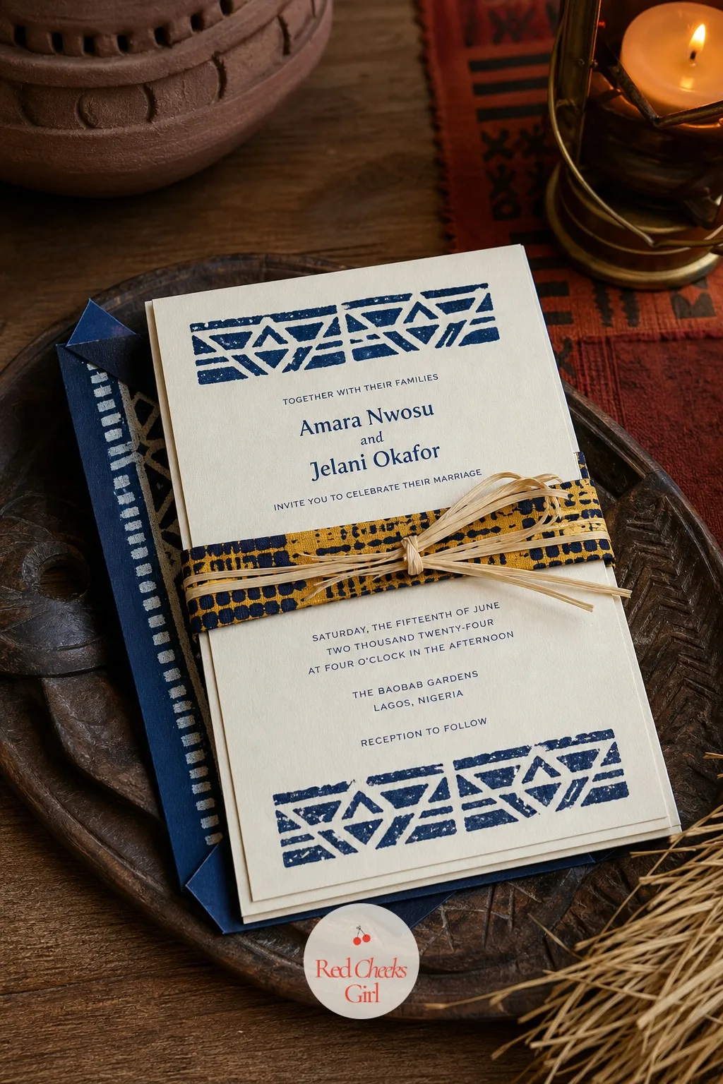 Adire-Printed Invitation Suite — The invitation arrives wrapped rather than simply printed: a card in ivory and indigo ink, a small swatch of wax print fabric
