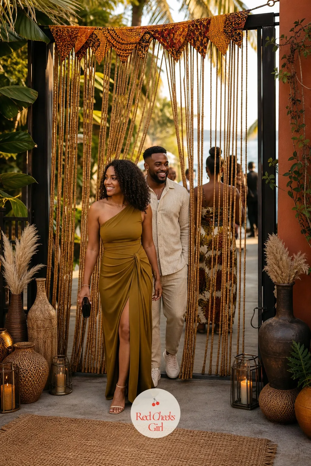 Bamboo Beaded Curtain Entrance — Guests walk through this before they find their seats, a soft click of bamboo beads parting as they pass, small triangle