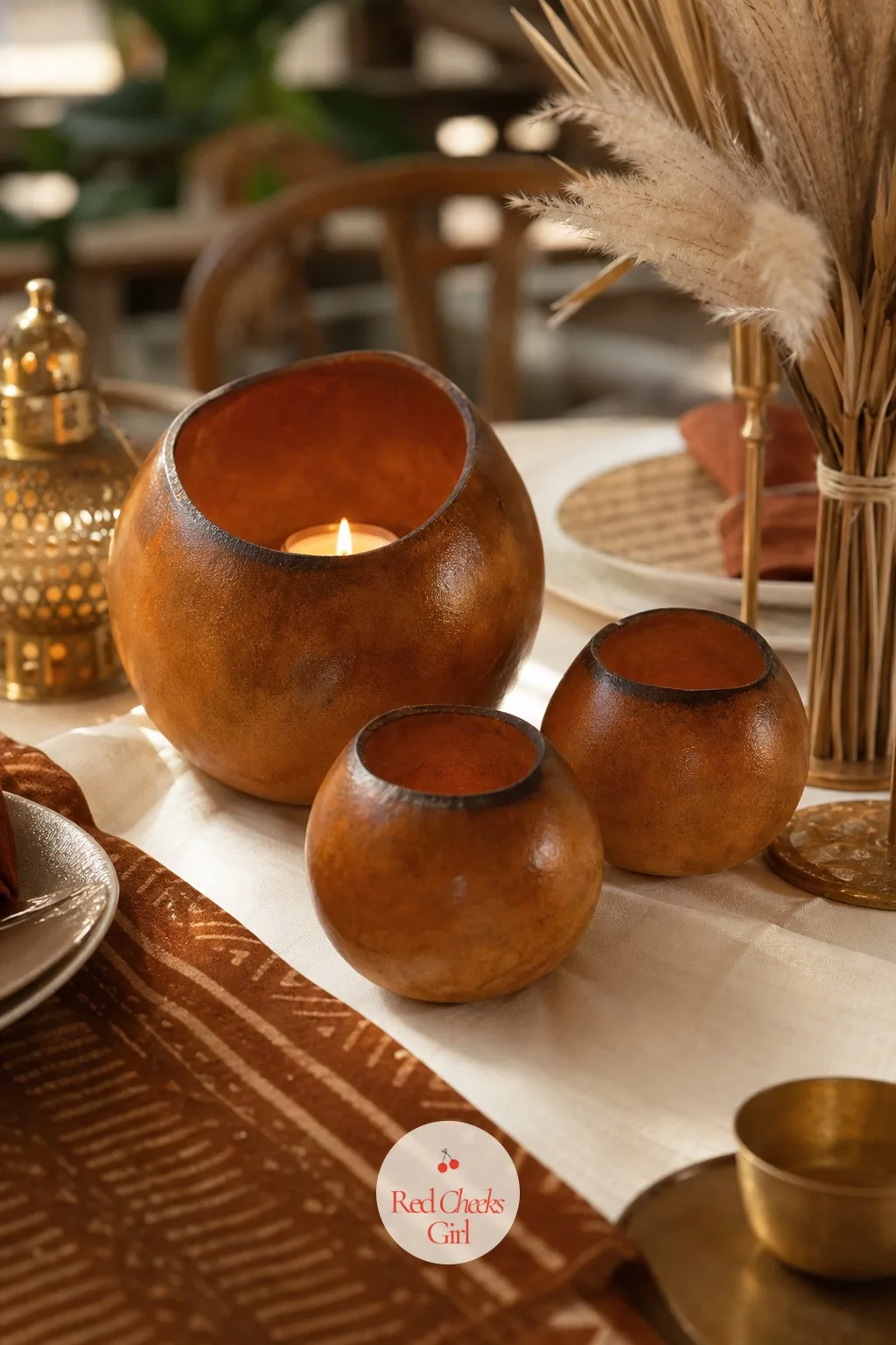 Calabash Gourd Centerpiece Vessels — Instead of one tall floral centrepiece, three dried calabash gourds in different sizes sit grouped at the centre of the