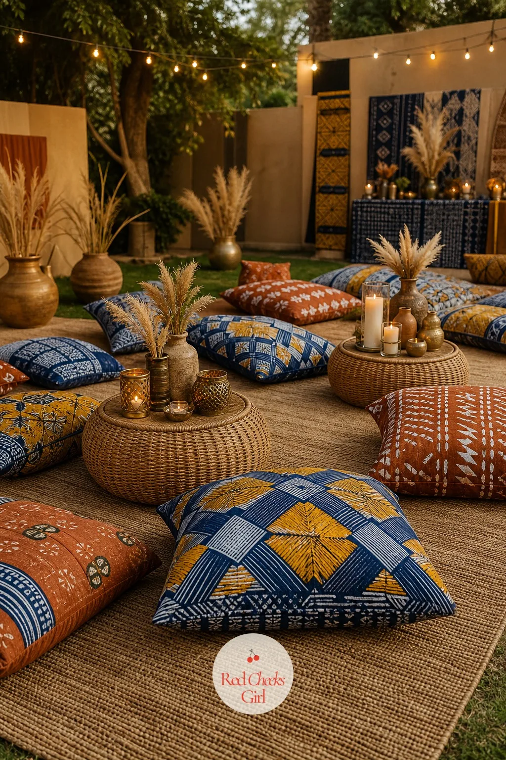 Floor Cushion Lounge in Wax Print — Somewhere past the dance floor, a low cluster of floor cushions and rattan poufs gives guests a place to sit closer to the