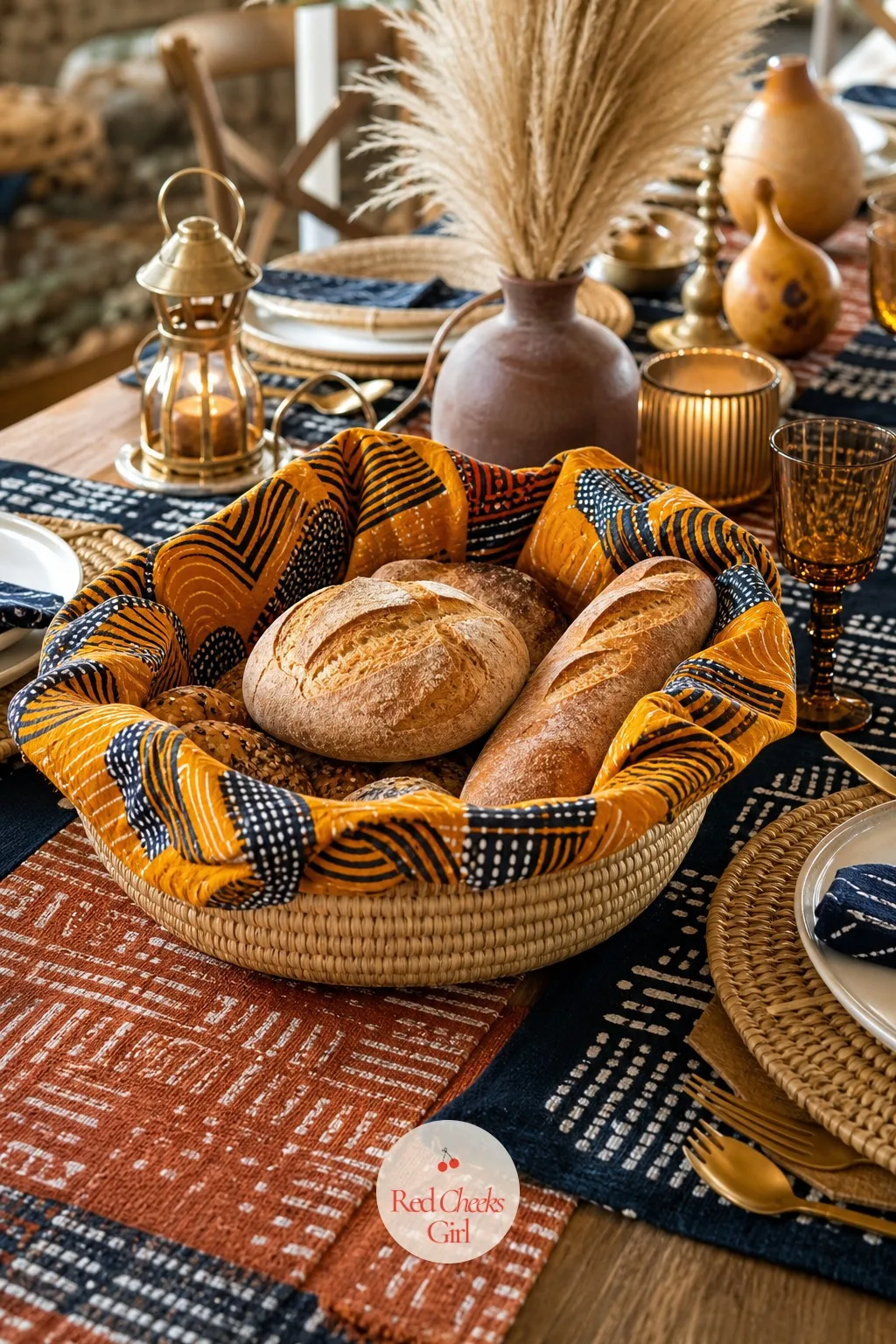 Handwoven Basket Bread and Fruit Display — For family-style tables, round woven baskets lined with wax print fabric sit between the place settings, piled with